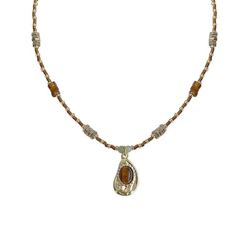 Vintage Brown Natural Stone Pendant Choker Chain Necklace For Women Men Fashion Trendy Grunge Jewelry Accessories Gifts