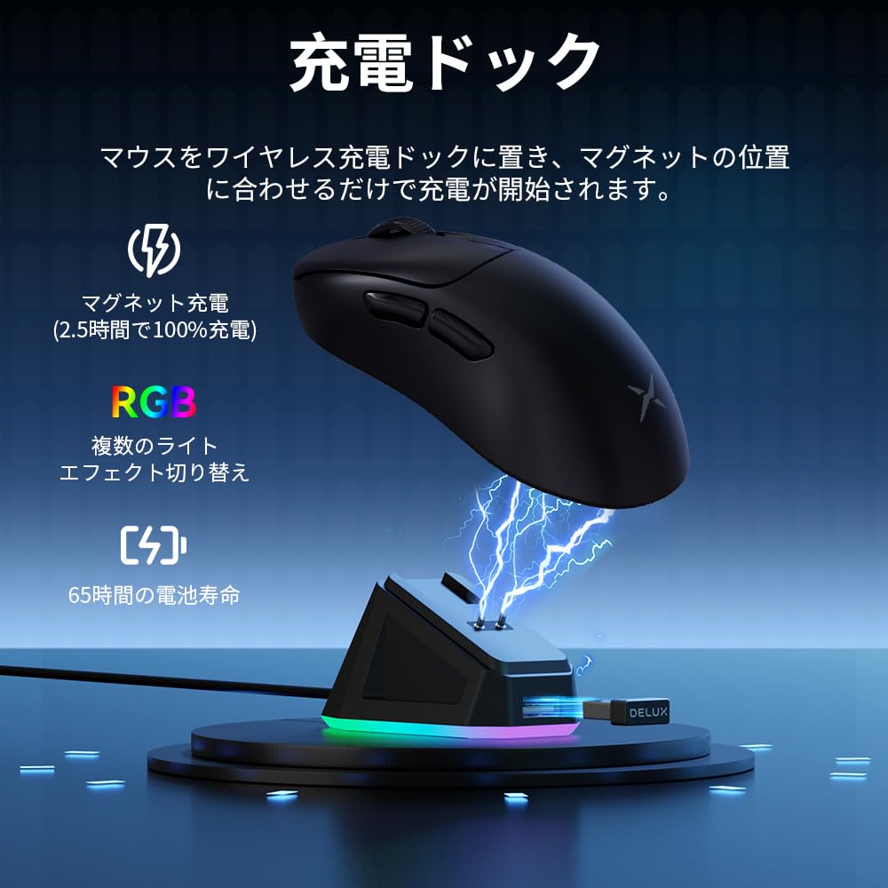 DELUX M500PRO Wireless Gaming Lightweight 8000Hz Polling Small PAW3395 Sensor 100 Million Click Magnetic Charging Base Mouse, (58.5g), Rate, Hand,