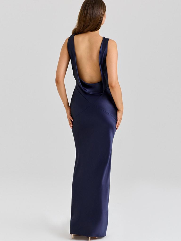 Haute Couture Elegant Satin Drape Neck Backless Dress