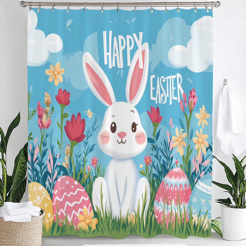 

1Pc Easter Shower Curtain, Cartoon Cute Easter Egg Rabbit Bathroom Curtains,Polyester Fabric Home Decoration With Hooks W60H190(CM)-1 Pcs