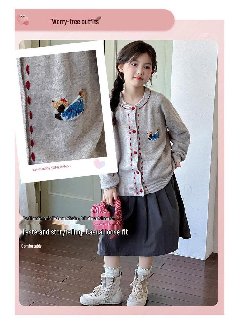 Autumn 2025 Girls' Knit Cardigan: Stylish Korean Fashion Sweater for Big Kids