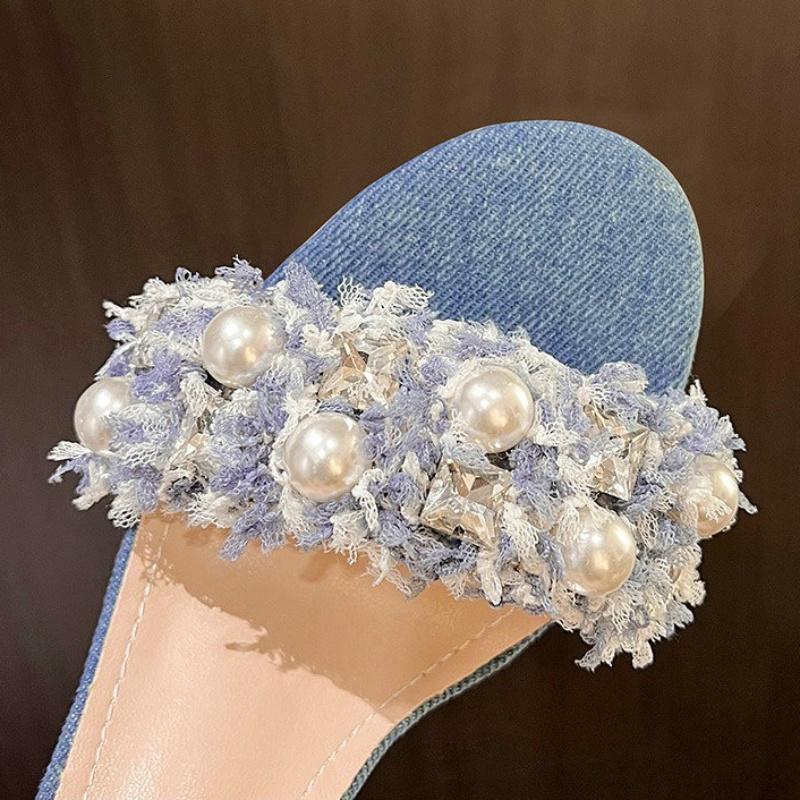 Fashion 2025 New Summer Pearl Sandals Round Head Open Toe Fashion All-in-one Korean One-line Belt Denim High Heels