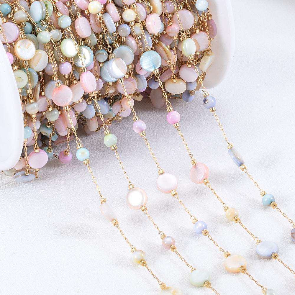 1Meter Stainless Steel Natural Shell Chains Colorful Heart Round Beaded Chains for DIY Necklace Bracelet Jewelry Making Supplies