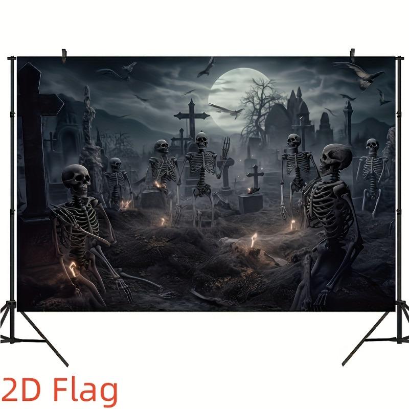 2D Flat 1PC Halloween Moonlit Cemetery Skull Party Background Fabric, Creating an Eerie and Gloomy Atmosphere
