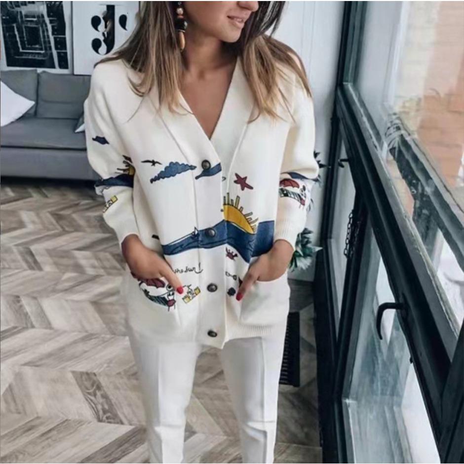 GMXIA Maglioni larghi con scollo a V a maniche lunghe autunno inverno stampa tinta unita moda casual da donna