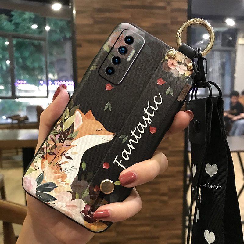 Soft case Silicone Phone Case For Tecno Camon17P Dirt-resistant Flower Durable Wrist Strap Wristband Lanyard Ring