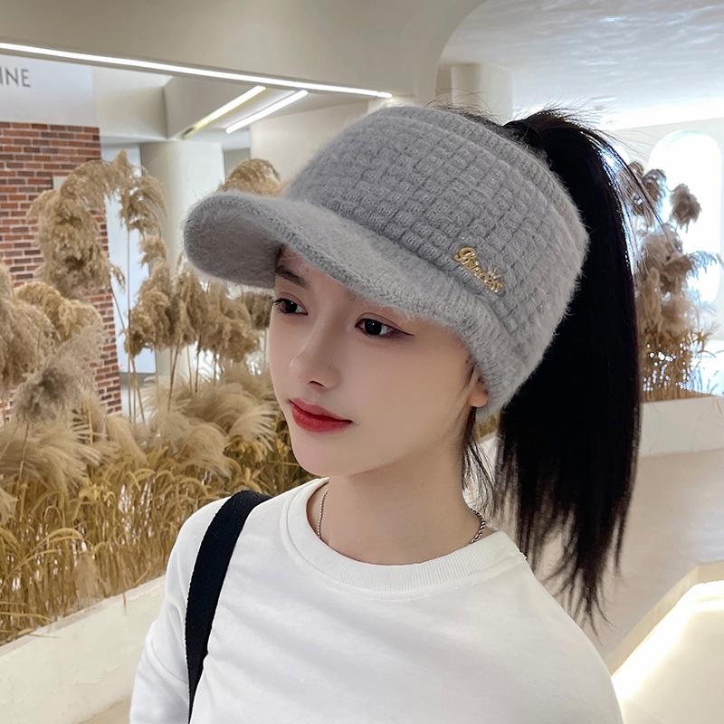 Women's Fleece-lined Wool Knitted Wide Brim Visor Hat for Autumn & Winter Sports