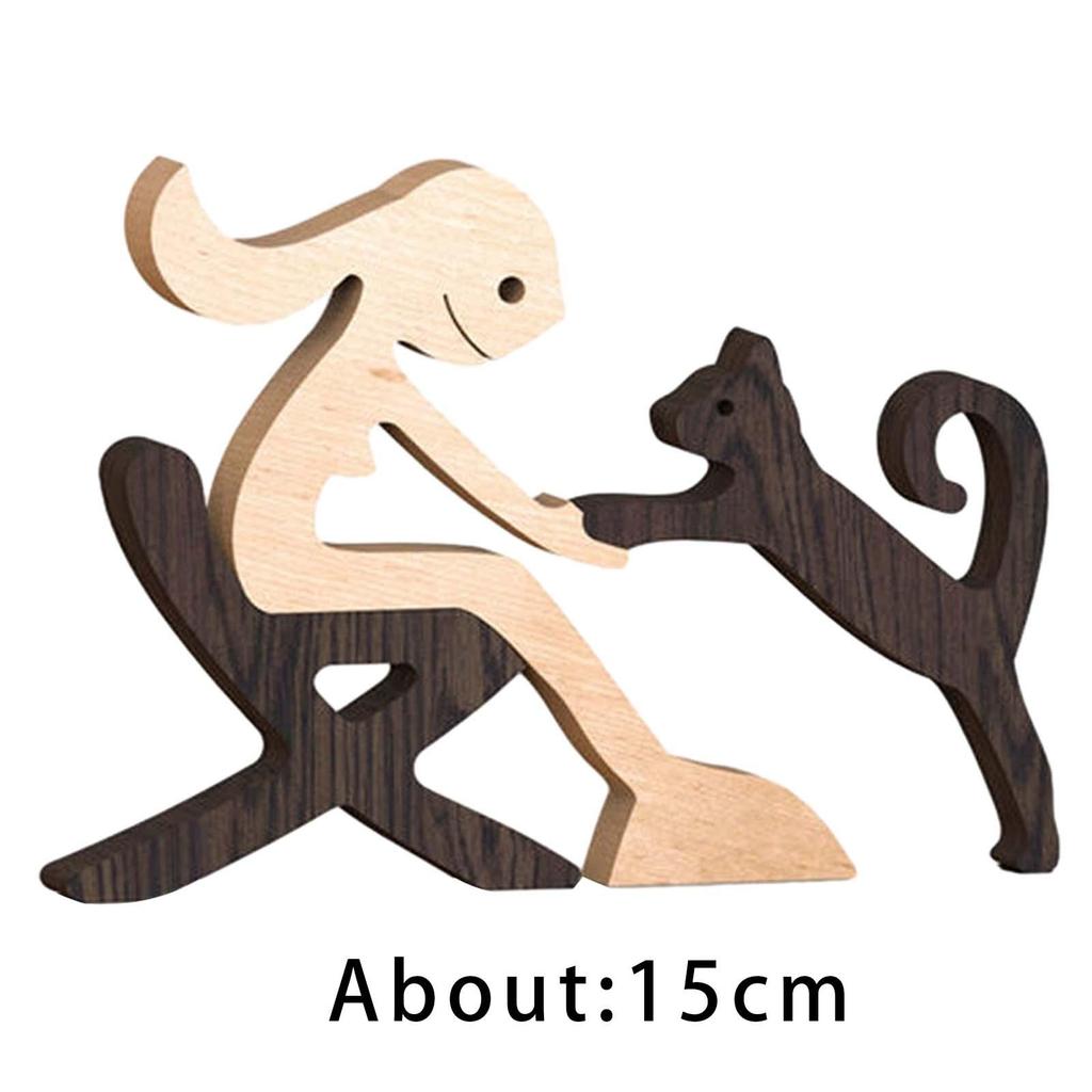Hand Carved Wood Dog Human Statue Creative Crafts Wood Carved Collectible Figurines for Women Woman Dog Lover Desk Shelf Decor