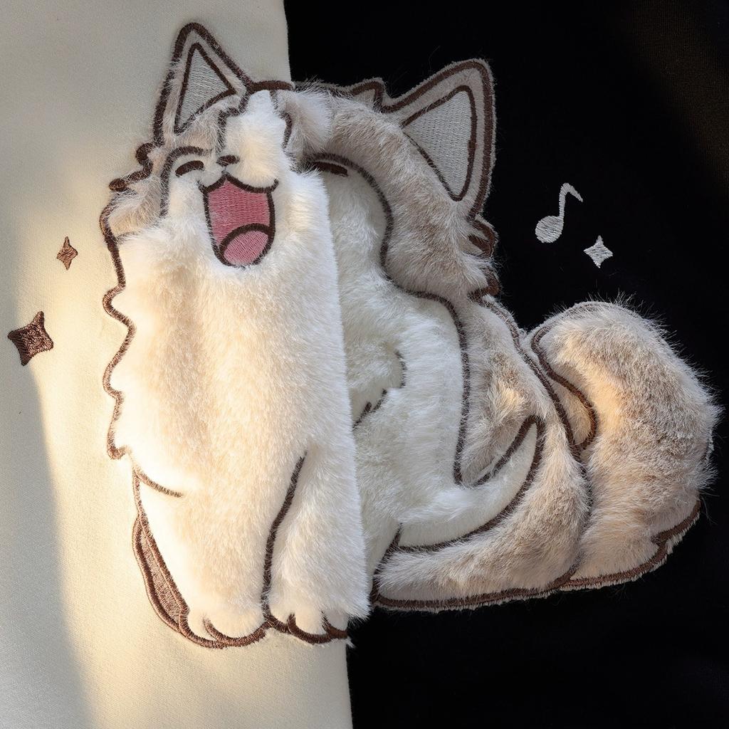 Cute kitten plush embroidered hooded sweater men's and women's season loose sweet college style niche coat