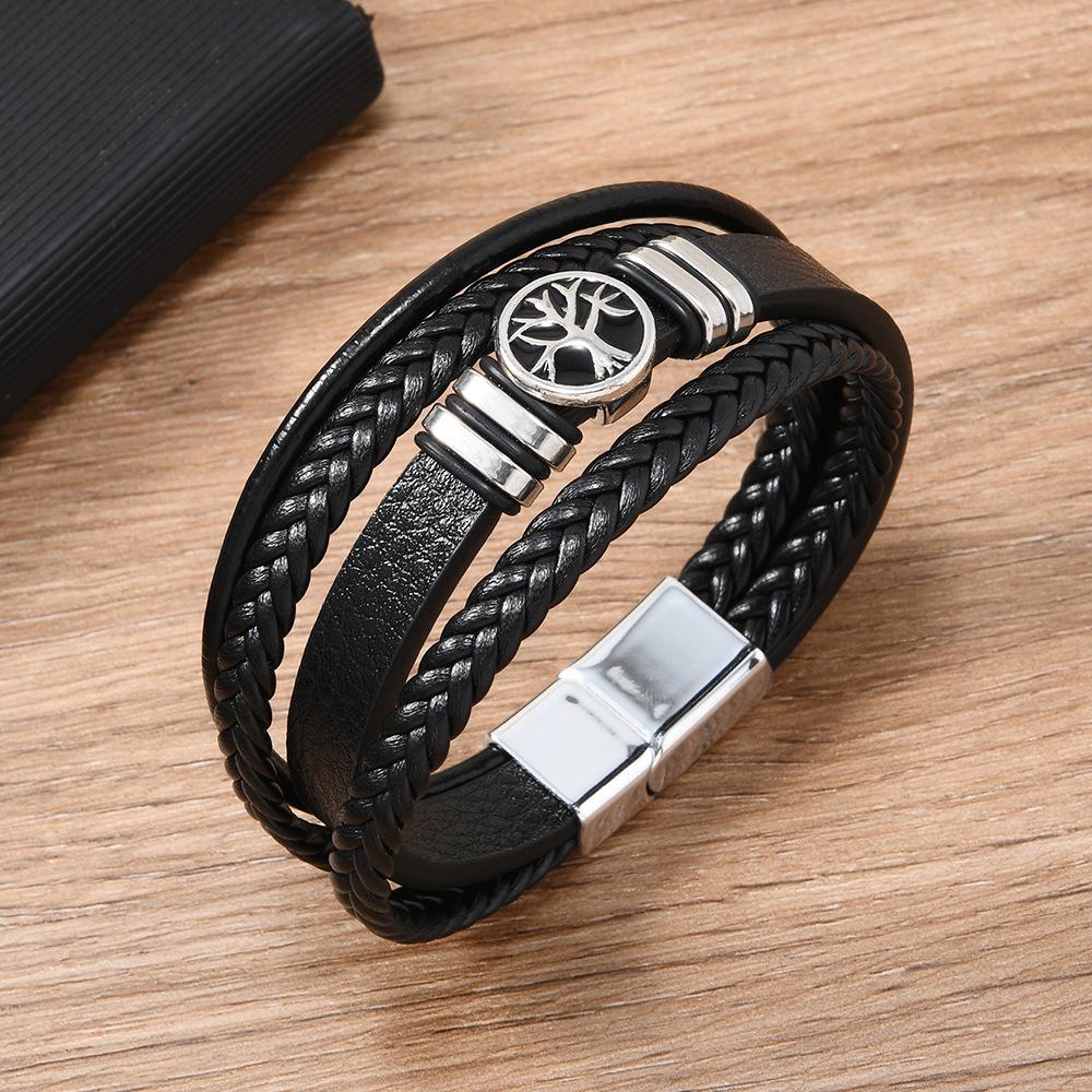 Bransoletka męska Drzewo Życia: Styl Europejski i Amerykański Retro, Wszechstronny, Wielowarstwowy, Ręcznie Tkany.