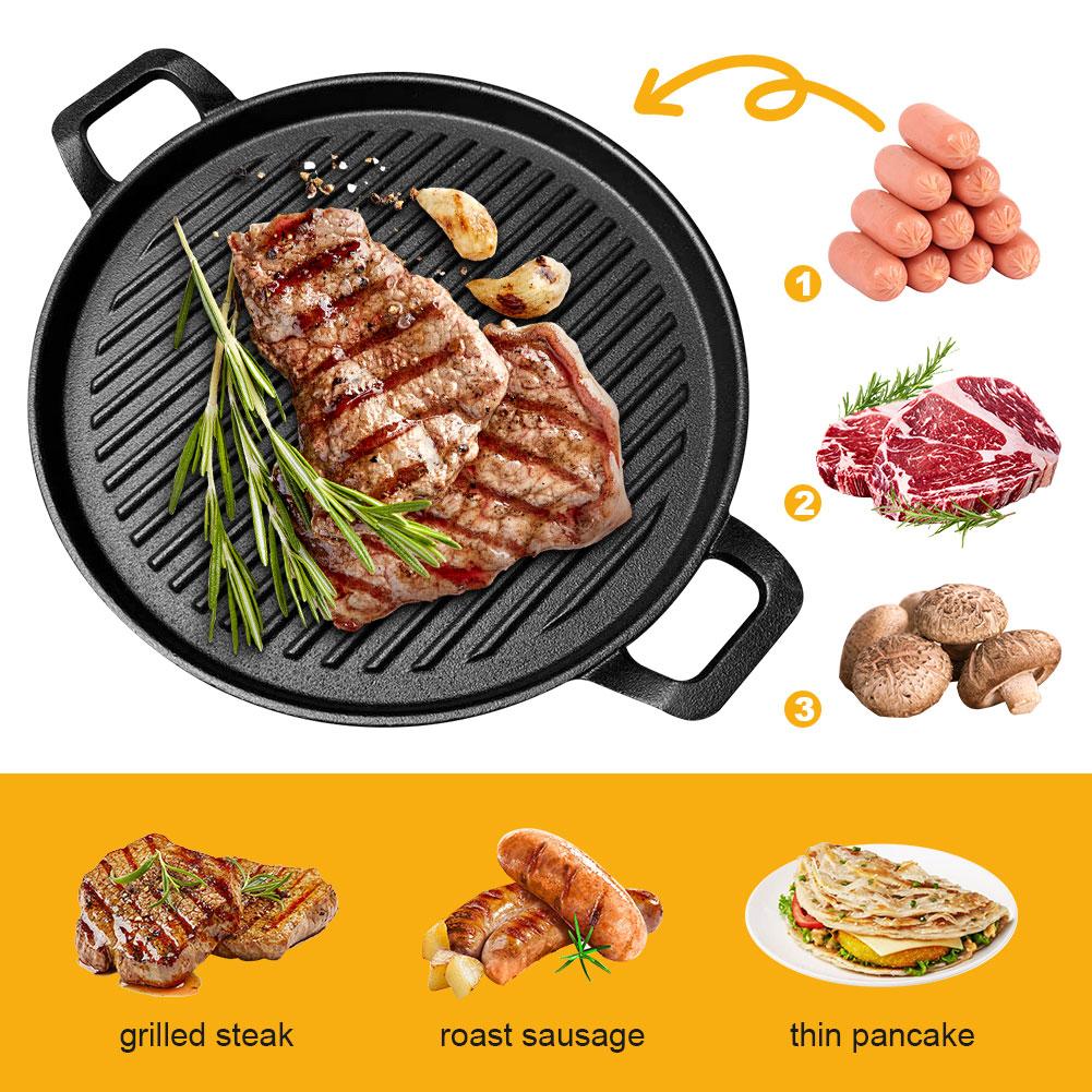 Portable Frying Pan Picnic Cast Iron Grill Pan Anti-scald Flat & Ridged Skillet Pan with Handles 12 Inch Outdoor Grill Plate