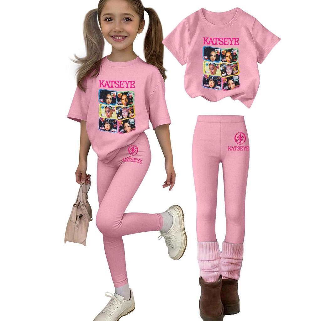 Kids' Casual Printed Round Neck Top and Pants Set, Loose Fit Fashion Outfit