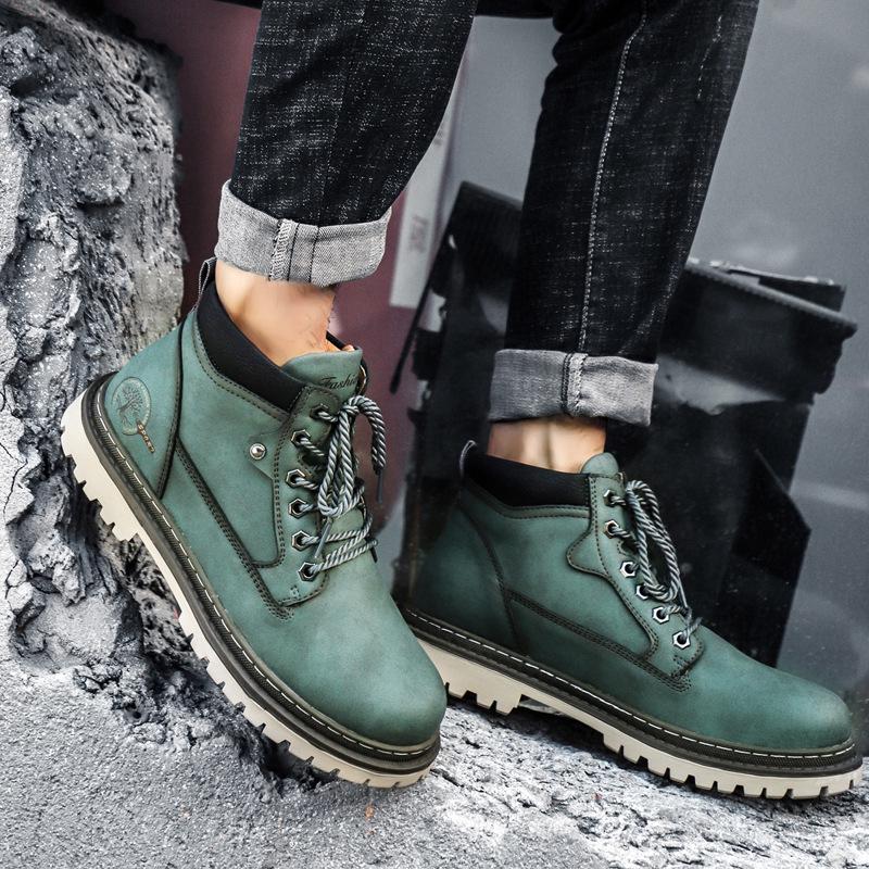 Men's Fleece-Lined Martin Boots, High-Top Leather Work Boots, Non-Slip, British Casual, Wear-Resistant, Large Sizes Available