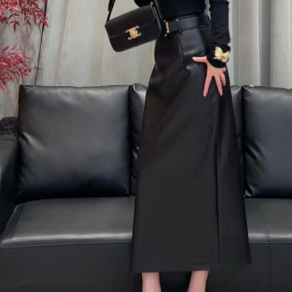2025 Women's Elegant High-Waisted Black Leather Skirt - Versatile Luxury Winter Fashion