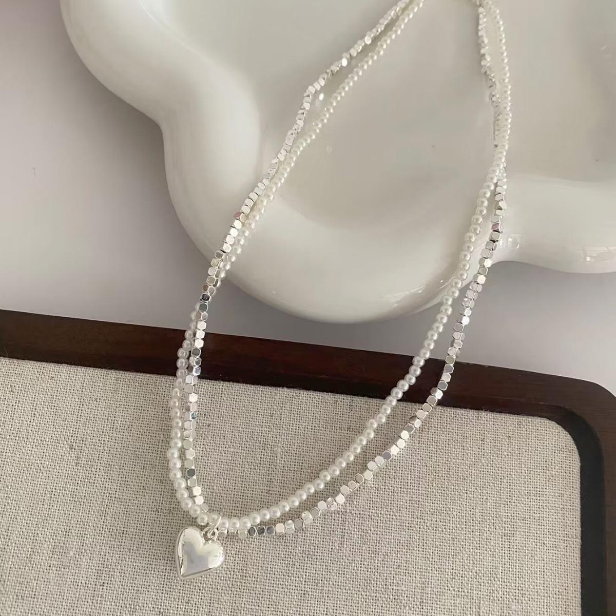 Elegant Silver Heart  Pearl Double Layer Necklace for Women - Fashionable  High-End Clavicle Chain
