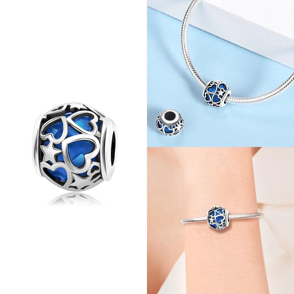 Original Blue Zircon Heart Pendant Couples Beads Fit Bracelet Charms Copper Women Jewelry Wedding Fine Gifts Diy