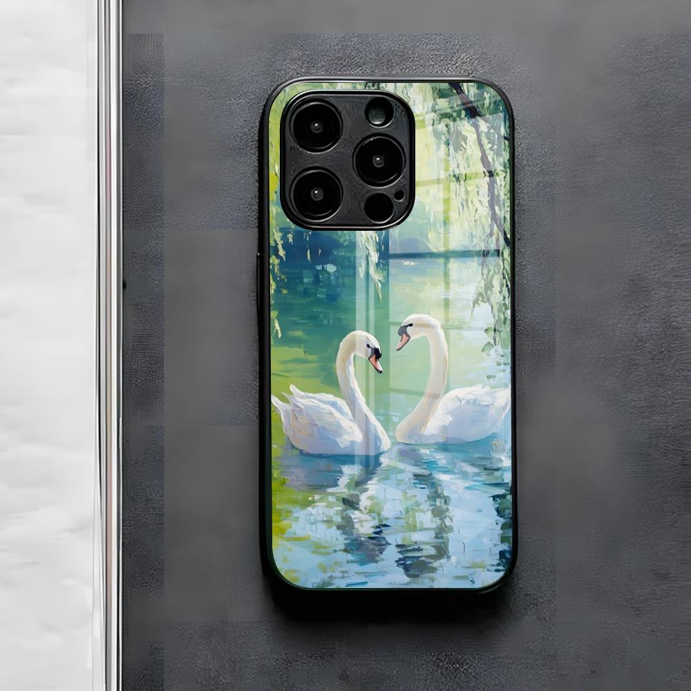White Swan Illustration Phone Case For IPhone 17 Air 16 E Pro Max 15 14 13 Mini 12 Pro 11 Max Plus Black Glass Cover