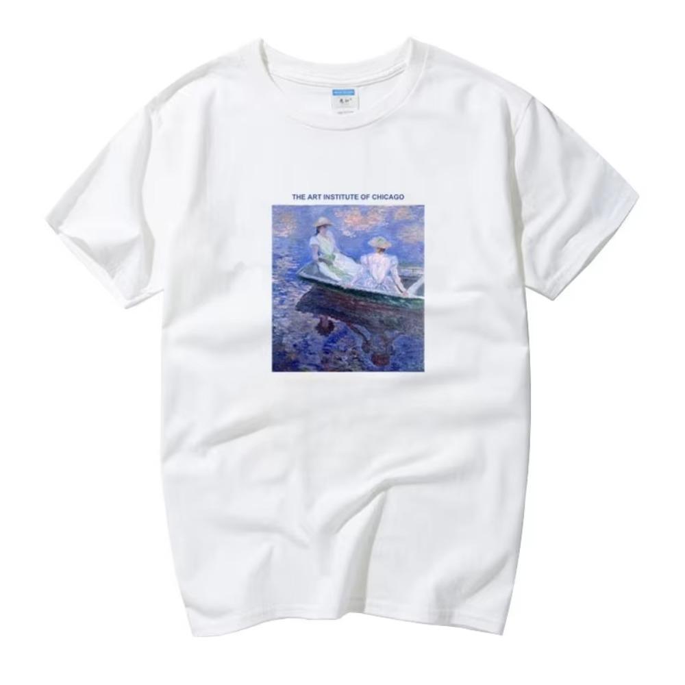 

2025 European and American Portrait Oil Painting Pattern Printed Short Sleeved T-shirt Hip-hop Simple and Loose Style T-shirt S белый