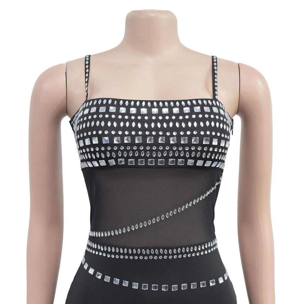 C6989 European & American Fashion Women's Rhinestone Mesh Long Dress