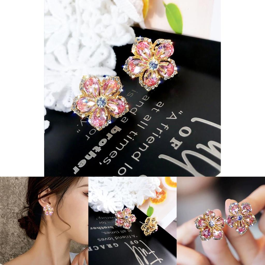 Floral Zircon Silver Needle Earrings With Rose Design For Elegant Women
