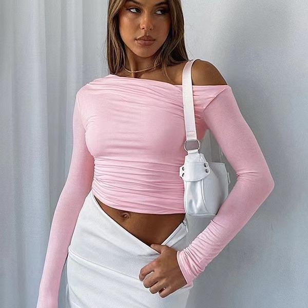 YYFS Moda Donna Casual Primavera Autunno Tinta Unita Stampa Manica Lunga Scollo Obliquo Bluse e Camicie