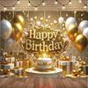 2D Goud Wit Fijne Verjaardag Achtergrond Taart Ballon Cadeau Feest Foto Achtergrond