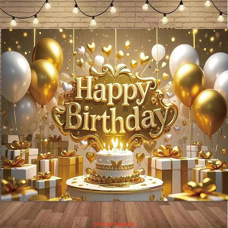 Sfondo di Compleanno 2D Oro Bianco Glitterato con Palloncini, Torta e Scatole Regalo