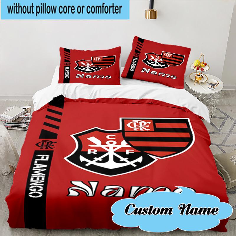 3PCS Custom Name Black Crest Flamengo Bedding Set, Including 1pc Duvet Cover And 2pcs Pillowcases, Suitable for Dorms and Bedrooms Gift
