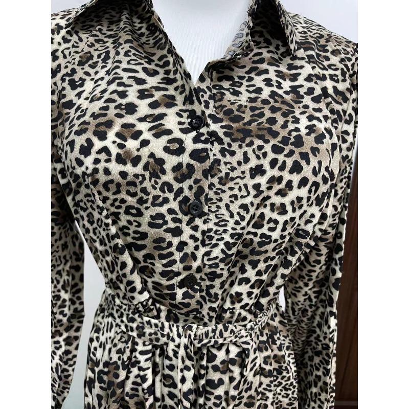 Women's Leopard Print Dress Spring Long Sleeve Lapel Lace-up Button Up Loose Casual Sexy Dress Women Summer Elegant A Line Office Ladies Long Dresses