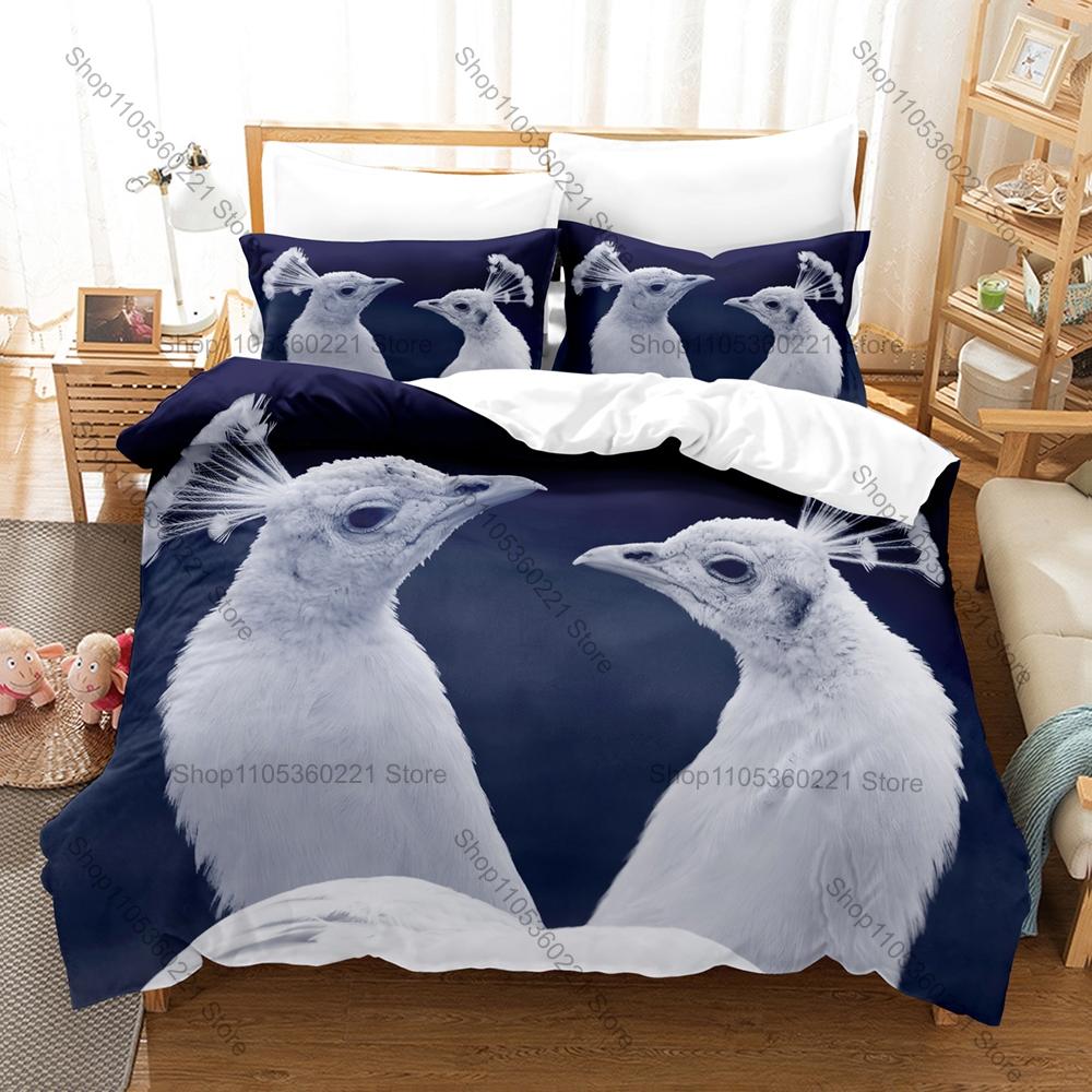 Peacock Printed Bedding Set, Duvet Cover + 2 Pillowcases Elegant Bird Pattern Soft Bed Sheets for Living Room Dorm Decoration