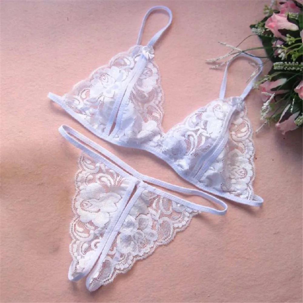 Sexy Women Lady Lingerie see through Lace Underwear Sleepwear lace up bra +Open Crotch G-string Erotic set For Woman