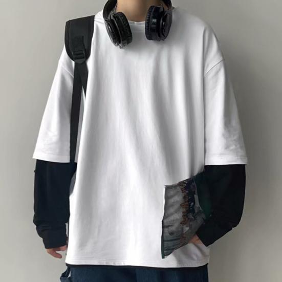 Men T-shirt Fake Two Pieces Long Sleeves O Neck Contrast Color Sweatshirt Warm Casual Plus Size Soft Hip Hop Men Top for School