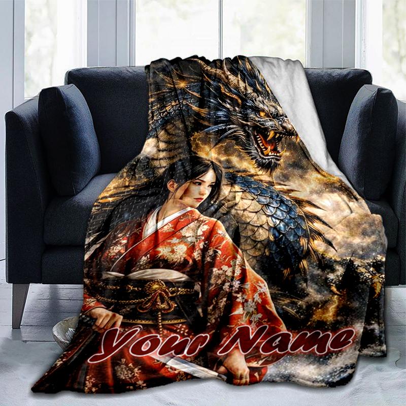 1PC Custom Name Dragon Kimono Warrior Flannel Blanket Versatile,all-season Throw Suitable for the Living Room,bedroom,camping,travel,and Gift