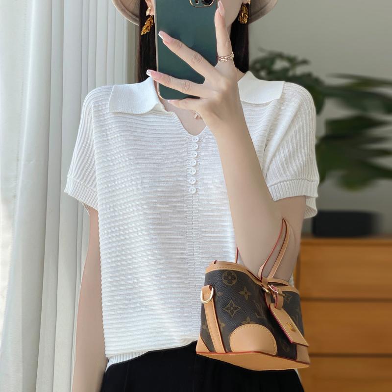 Women Knit T-shirt Summer Knitted Shirt Short Sleeve Tees Turn-down Collar Pullover Knit Tops Female