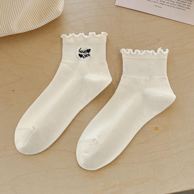 Spring Socks for Women Short Calf Black and White Mushroom Edge Solid Color Mid Calf Socks Embroidered All In One Machine Cotton Socks Thin Style