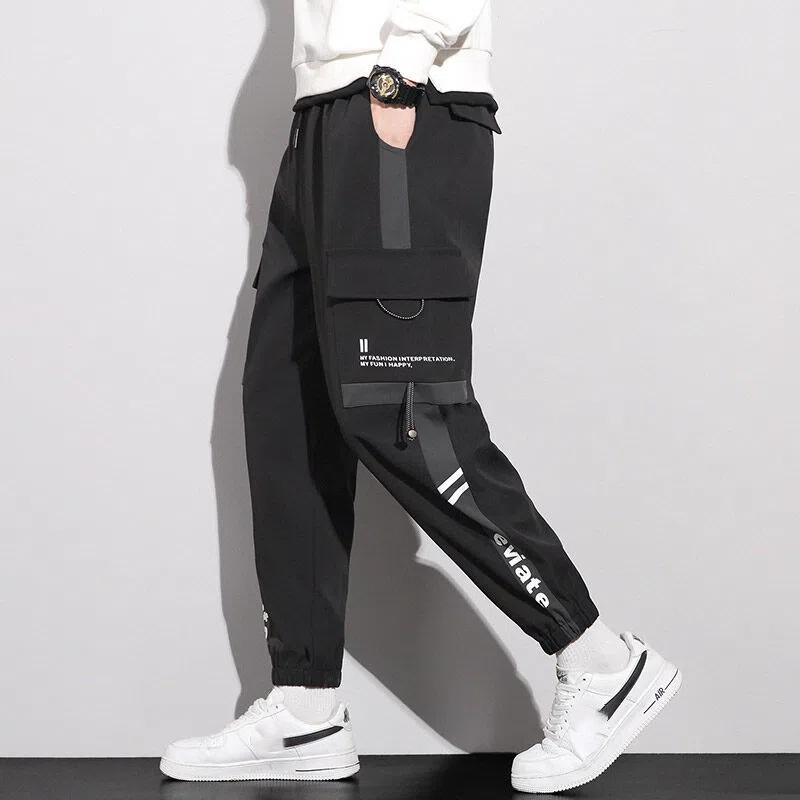 Spring Autumn Drawstring Waist Casual Fashion Cargo Pants Men Streetwear Contrast Trousers