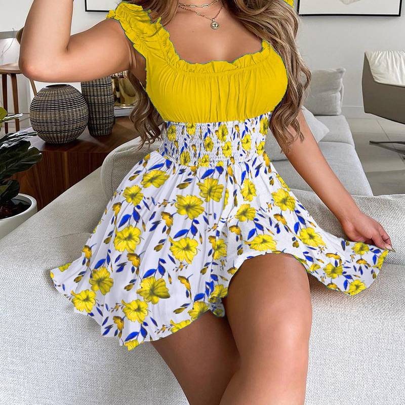 Urban Style Sleeveless Polyester Collage Womens Summer Dress With Pleated Skirt For Casual Wear