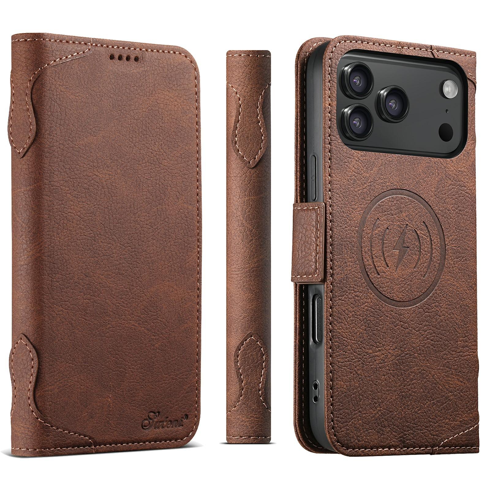 

SUTENI J07 For iPhone 17 Pro Case Compatible with MagSafe Litchi Texture Leather Wallet Phone Cover Brown