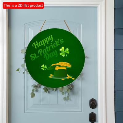 Pendentif de porte rond à thème vert, motif trèfle à trois feuilles, or et chapeau, 2D plat 20 x 20 cm, 1 pièce, pour la Saint-Patrick, à suspendre en bois