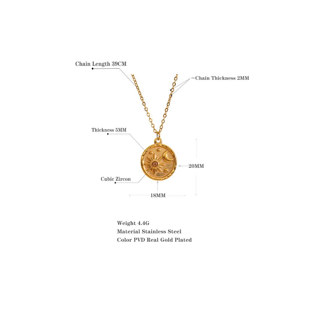 Yhpup Fashion Celestial Moon Sun Delicate Round Pendant Stainless Steel Necklace 18k Gold Plated Chain Trendy Charm Chic Jewelry