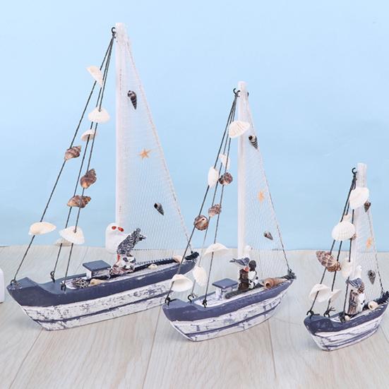 Pobřežní dřevěný model plachetnice Rustikální námořní figurka lodi se skořápkou a hvězdicí Plážové oceánské téma Stolní ozdoba do obývacího pokoje ložnice