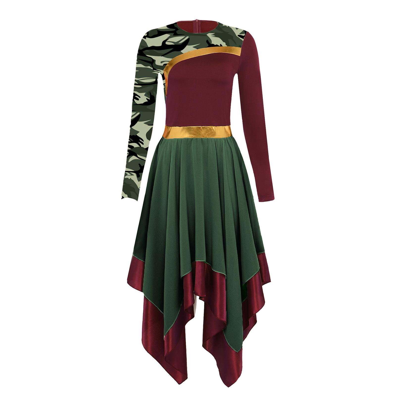 

Womens Praise Dance Dress Metallic Shiny Patchwork Color Blocking Irregular Hem Long Sleeve Lyrical Chiffon Gown S бордовий