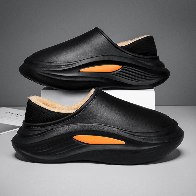 Cotton slippers for men's winter bag with plush and thickened heel, anti slip and waterproof, with a sense of stepping on feces