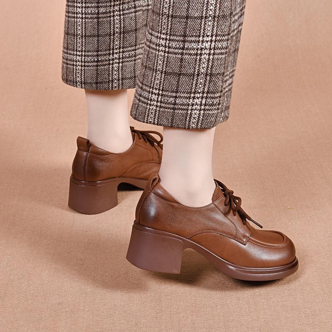 

Туфли-лодочки с круглым носком, на толстом каблуке, из натуральной кожи, женские, весенние новые модели, первый слой коровьей кожи, на шнуровке, на среднем каблуке, одинарные, в стиле колледжа 40 коричневый