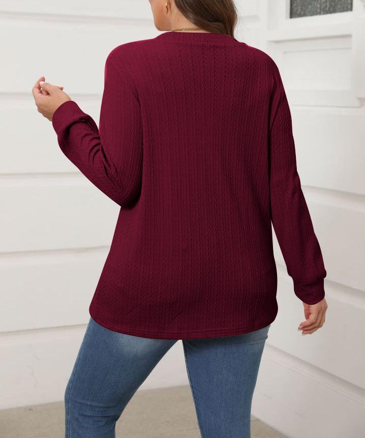 2025 Damen Einfarbig V-Ausschnitt Knopf Langarm Lässiges Mode-T-Shirt für Herbst/Winter
