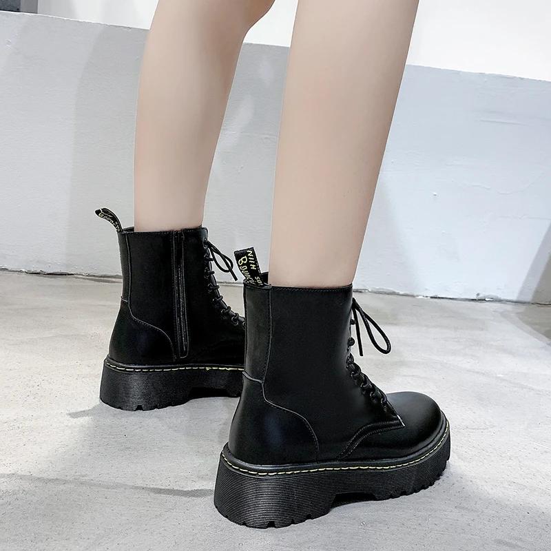 New Mid Calf Boots Women Winter Fashion Lace-up Ladies Chelsea Zipper Botas Mujer Boots Sports Platform Heel Ladies Shoes