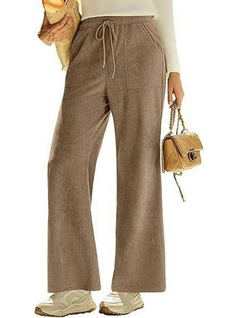 2026 Spring Elastic High Waist Lace-Up Corduroy Pants, Wide-Leg, with Pockets, Casual Long Trousers.