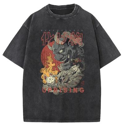 Japanese Anime Washed T-Shirt for Men and Women, Casual Comfortable T-Shirt with Vintage Print Round Neck T-Shirt