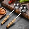 Heat Resistant Bamboo Handle Spoons Stainless Steel Hot Pot Spoon/Colander, Handles Comfortable Grip Soup Spoon, Easy Cleaning Mirror Polished Serving