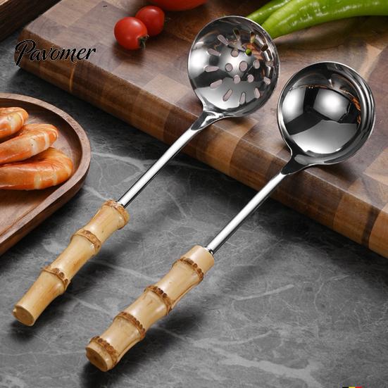 Heat Resistant Bamboo Handle Spoons Stainless Steel Hot Pot Spoon/Colander, Handles Comfortable Grip Soup Spoon, Easy Cleaning Mirror Polished Serving
